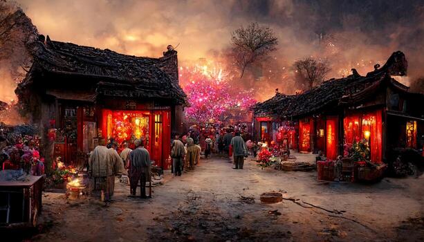 Ancient Chinese village, Chinese New Year, peach flower blossom, multi firework in the sky, bustling market, withered trees. Happy new year concept. Generate AI photo