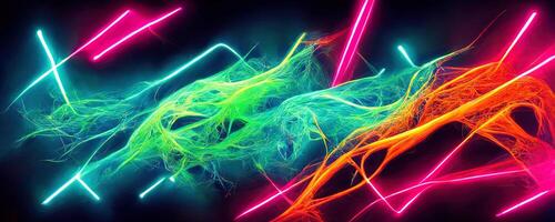 illustration of gaming background abstract, cyberpunk style of gamer wallpaper, neon glow light of sci-fi. Glowing iridescent neon lights for both light and dark backgrounds. photo