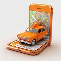 Online mobile application taxi ordering service , Orange taxi car driving along the route to the marker on a smart phone, on a city map. Car and satellite navigation systems concept. photo