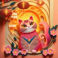 Paper cut quilling multidimensional chinese style cute zodiac cat with lanterns, blossom peach flower in background, chinese new year. Lunar new year 2023 concept photo