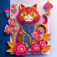 Paper cut quilling multidimensional chinese style cute zodiac cat with lanterns, blossom peach flower in background, chinese new year. Lunar new year 2023 concept photo