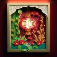 Paper cut quilling multidimensional diorama lucky bamboo with chinese new year lanterns. Chinese new year. Lunar new year 2023 concept. photo