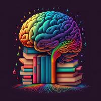 This whimsical image shows a brain with a library inside, its neurons and synapses lit up in a rainbow of joyful colors. A stack of books on a shelf indicates knowledge and learning, photo