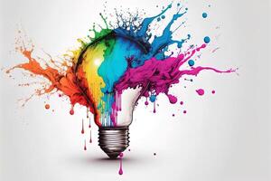 illustration of colorful bulb with splash of colors on white background. Creativity, eureka, imagination, inspiration. . Idea and solution concept photo