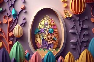 paper cut quilling multi dimensional easter egg in easter celebration, a lot of egg and small rabbit in background. Spring concept. photo