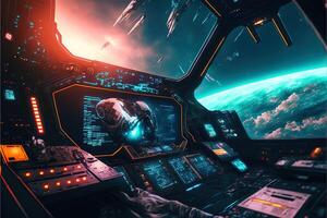 Futuristic navigation system, AR space, floating in the space, flat design, information graphic. Sci-fi space exploration concept. Inside view of the sci-fi cabin of the pilot . photo