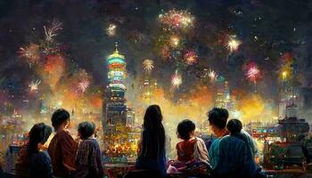 Asian family watching firework and celebrating together. Happy new year by painting. photo