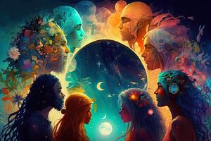 a multiverse of speech, a fantasy world where everyone can talk, with a lot of poetry, colorful, diverse avatars interacting with each other. photo