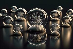 Christmas white decorations on snow with fir tree branches. Winter Decoration Background. Focus of tiny liquid mirror balls falling from the sky , each containing a tiny perfect city inside photo