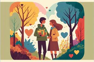 contento joven Adolescente Pareja en el parque con flores y arboles en fondo, híbrido san valentin día corazón, participación corazón naturaleza jugar, bellotas, de colores bloques, calentar luz, arco iris tela, generativo ai foto