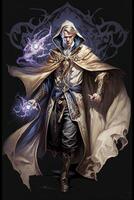Full body view of a beautiful male sorcerer illustration, Magic sorcerer character for game. male wizard, photo