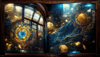 Interior of Magic Library, ornamental glass window, shattered golden nebula, shattered crystals. image of a colorful library of magic, with a large stained glass colorful window photo