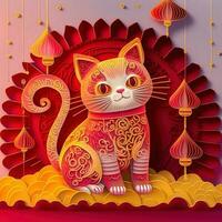 Paper cut quilling multidimensional chinese style cute zodiac cat with lanterns, blossom peach flower in background, chinese new year. Lunar new year 2023 concept photo