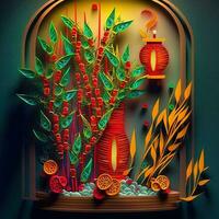 Paper cut quilling multidimensional diorama lucky bamboo with chinese new year lanterns. Chinese new year. Lunar new year 2023 concept. photo