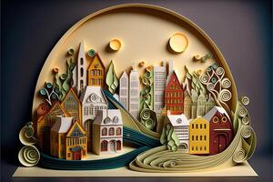 paper quilling style urban design. Multidimensional paper quilling craft illustration a small city. photo