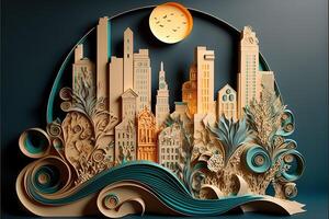 paper quilling style urban design. Multidimensional paper quilling craft illustration a small city. photo