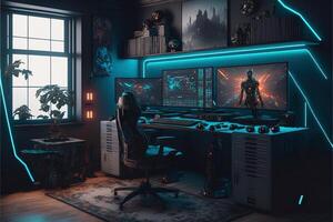 Spectacular gaming room interior, gaming pc, gaming desk, game setup room, tv, desk for five People, futuristic, LED lights, cyberpunk color. photo