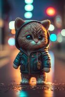 toy cute cat in clothes jacket and sneakers on street background with neon lighting, photo