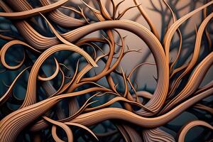 Abstract intricate intertwined wood branches created with technology. Enchanted fairytale with intertwined tree silhouettes. photo