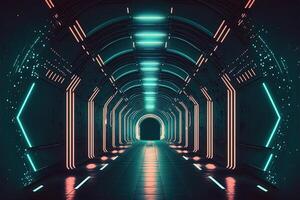 Sci-Fi Cyber Futuristic Empty tunnel Background exit or goal ahead. Abstract cyber or digital speedway concept Cyberpunk Cyber Synth Tunnel Corridor photo