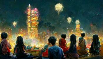 Asian family watching firework and celebrating together. Happy new year by painting. photo