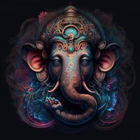 Generative AI on statue of Lord Ganesha , Ganesha Festival. Hindu religion and Indian celebration of Diwali festival concept on dark, red, yellow background and copy space photo