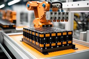 Interior of industry factory, Robot assembly line with electric car battery cells module on platform. photo