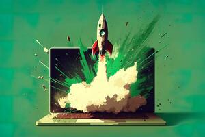 Rocket coming out of laptop screen, green background. AI digital illustration concept of ideas and start up. photo