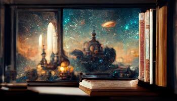 A full size bookshelf beside a window of a rococo style spaceship, milkyway outside the window, classic indoor ambient light, Interior of Magic Library, ornamental glass window. photo