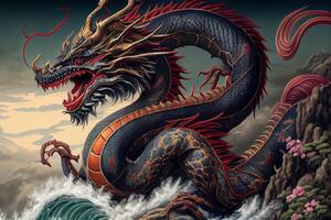 A highly detailed image of powerful dragon showing their full body, the character style will represent japan or Asian. Illustration of ancient asian dragon on black background. photo