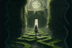 A young person wanders through an ancient labyrinth overgrown with moss, vines, and wildflowers. Maze runner. Wallpaper photo