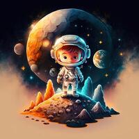 generativo ai adorable chico astronauta, en exterior espacio, en pie en un planeta, brillante vistoso asteroides y galaxias, luz de la luna brillante abajo, chibi estilo. emblema para espacio viajar, tecnología, monería foto