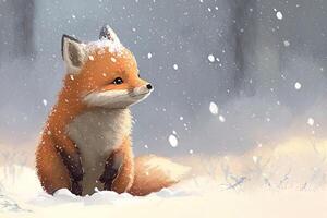 Cute red fox baby cartoon dreamlike in snow, winter, . Animal and landscape concept. photo