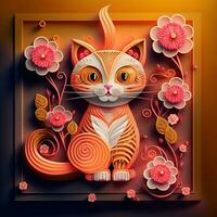 Paper cut quilling multidimensional chinese style cute zodiac cat with lanterns, blossom peach flower in background, chinese new year. Lunar new year 2023 concept photo