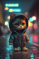 toy cute cat in clothes jacket and sneakers on street background with neon lighting, photo