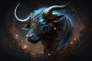 Backdrop of sacred zodiac Taurus symbols, astrology, alchemy, magic, sorcery and fortune telling. digital painting. Zodiac sign Taurus on the starry sky close up photo