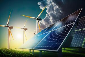 Renewable energy background with green energy as wind turbines and solar panels. green energy concept energy sources sustainable Ecology Elements photo