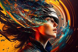 illustration of an enthusiastic young women wearing virtual reality goggles is inside the metaverse. Metaverse concept and virtual world elements. Games and entertainment of the digital photo