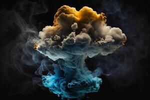 a colorful white smoke cloud is shown in this image, it looks like it is floating in the air and is very dark and blue and yellow, with a black background. photo