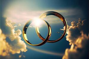 A pair of gold wedding rings floating in the sky. two wedding rings floating in the clouds with a sun in the background and a blue sky with clouds below them. . Wedding concept. photo