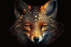 Fantasy Raster Image of Fox Face with Golden Spot, Animal face in the depths of galaxies and stars fox photo