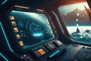 Futuristic navigation system, AR space, floating in the space, flat design, information graphic. Sci-fi space exploration concept. Inside view of the sci-fi cabin of the pilot . photo