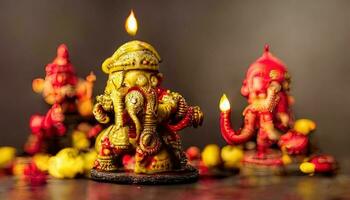 focus on statue of Lord Ganesha, Ganesha Festival. Hindu religion and Indian celebration of Diwali festival concept on dark, red, yellow background and bokeh around photo
