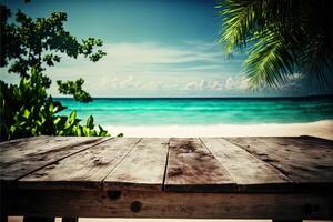 Tropical beach background with a wooden table on the forefront and lush vegetation with lots of copy space, perfect for editing with your product. Empty ready for your product display. photo