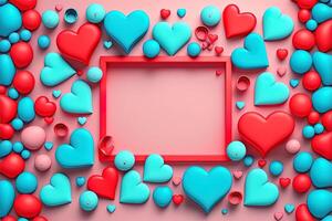 Valentine frame and banner. Red, blue, cyan, pink decoration. flat lay, romantic. Love and valentine day concept. photo