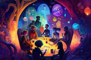 a multiverse of speech, a fantasy world where everyone can talk, with a lot of poetry, colorful, diverse avatars interacting with each other. photo