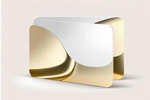 a white card for mockup, horizontal rectangular with rounded corner shapes, front view, stunning light, studio light, reflexion of hundred fine lines of gold reflection, white background photo