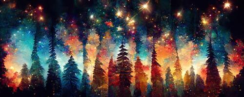 artistic colorful mosaic pattern christmas tree forest milky way at the background. Collage contemporary print with trendy decorative mosaic pattern with different colors, modern art. photo