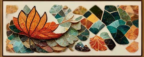 artístico vistoso mosaico modelo otoño hoja. collage contemporáneo impresión con de moda decorativo mosaico modelo con diferente colores. resumen floral orgánico fondo de pantalla antecedentes ilustración foto