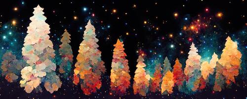 artistic colorful mosaic pattern christmas tree forest milky way at the background. Collage contemporary print with trendy decorative mosaic pattern with different colors, modern art. photo